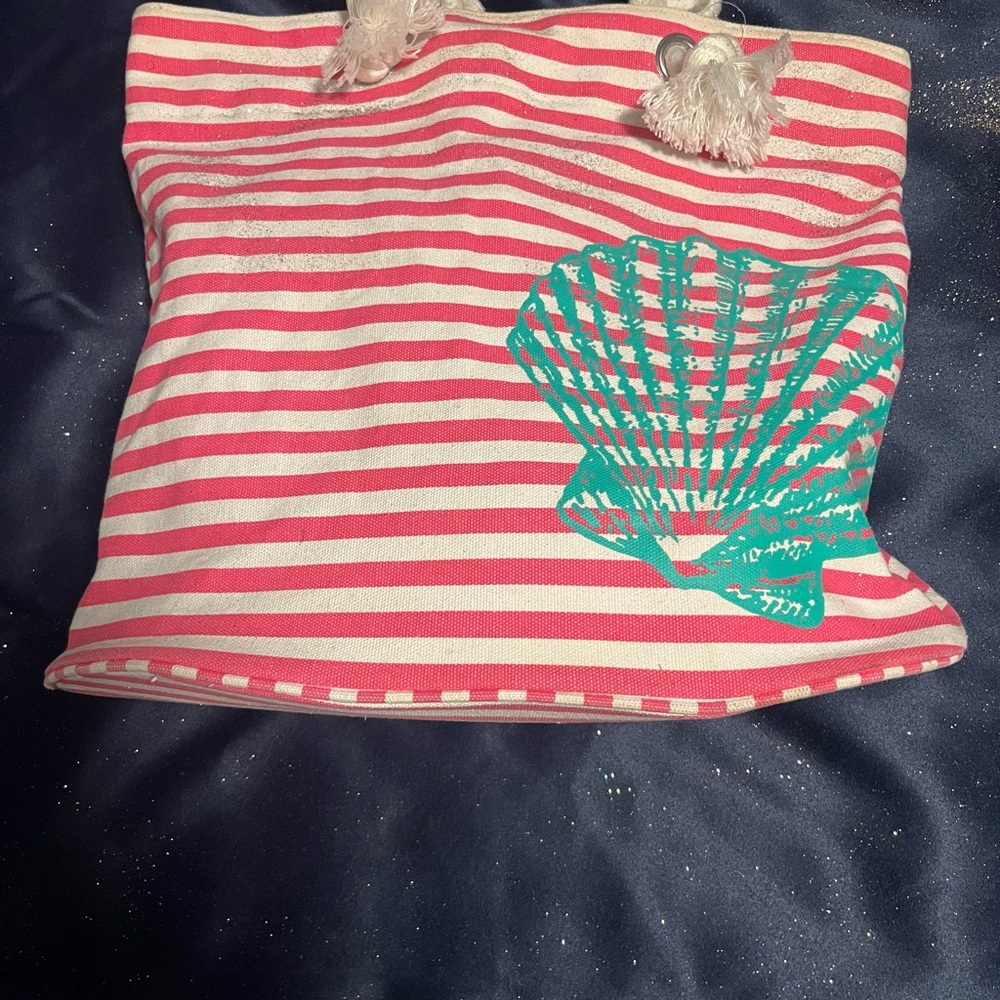Pink and White Striped Tote with Shell Design